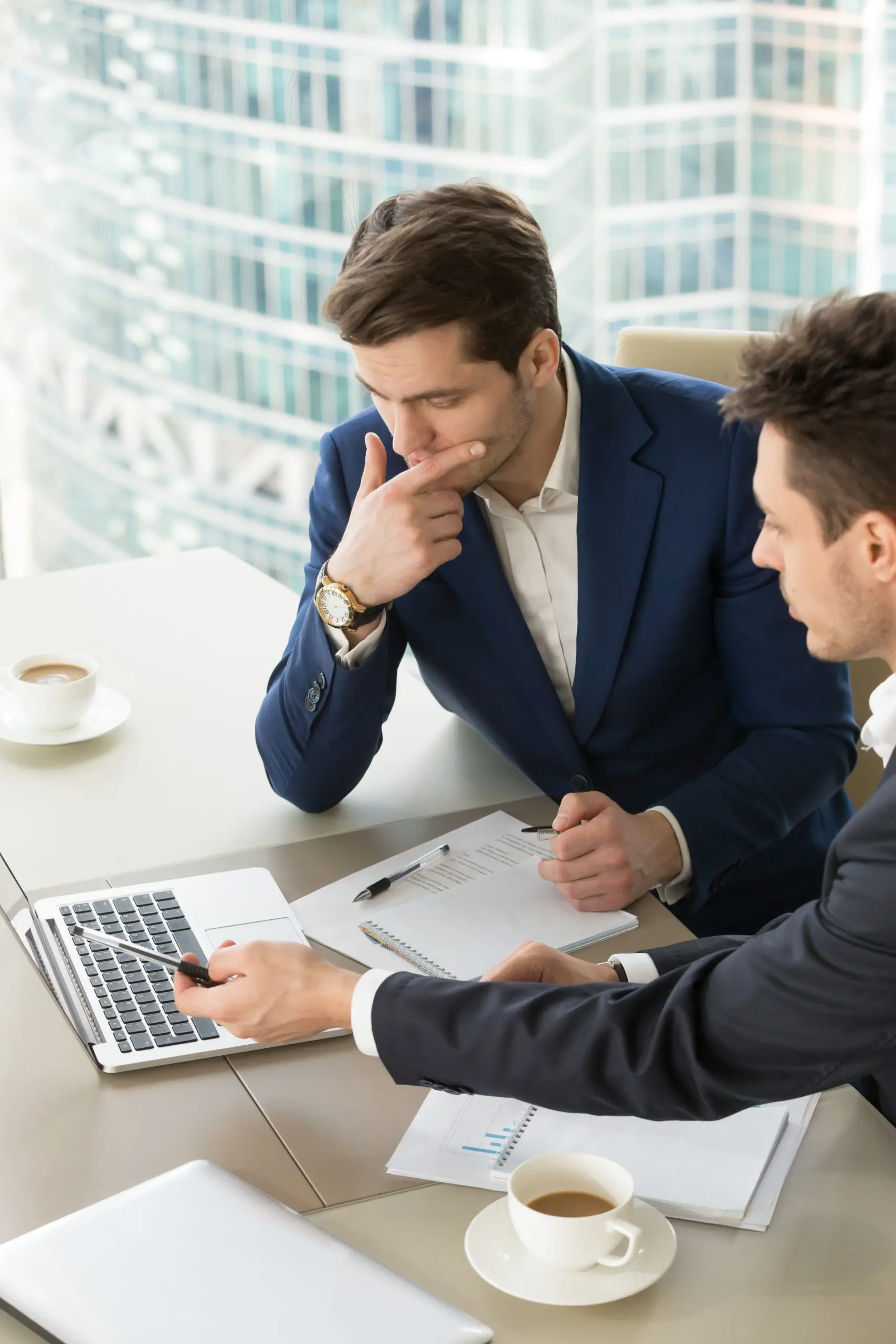 Entrepreneurs discussing work results on meeting
