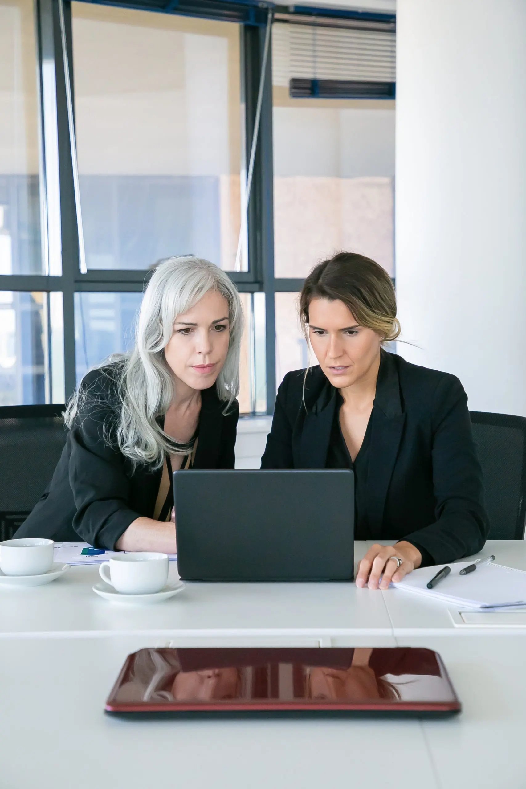 Focused excited businesswomen looking at laptop display